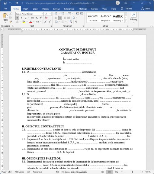 model contract imprumut