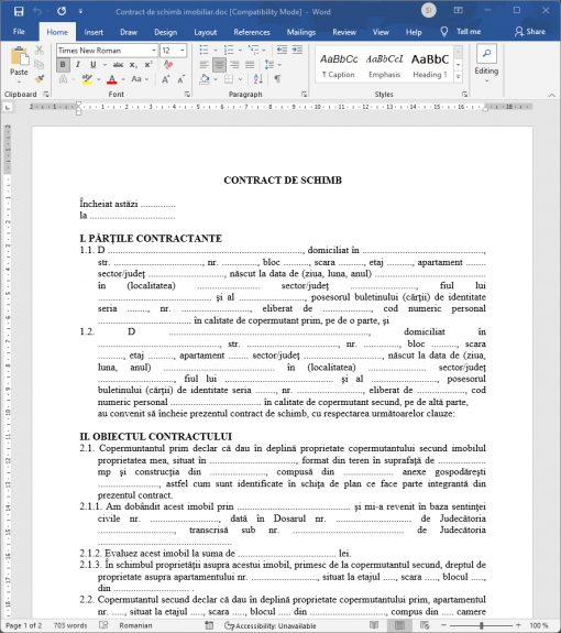 model contract schimb