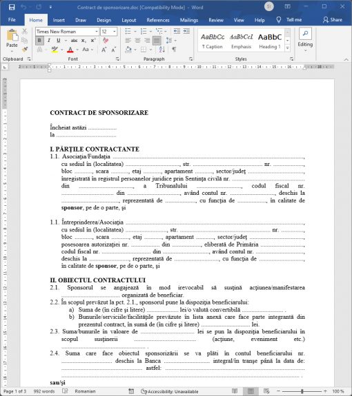 model contract sponsorizare